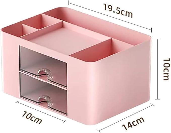 Stationary Organiser 7-Grid Desk Organizer with Drawer – Multifunctional Plastic Table Organizer & Pen Holder for School, Office, and Home (Pink)