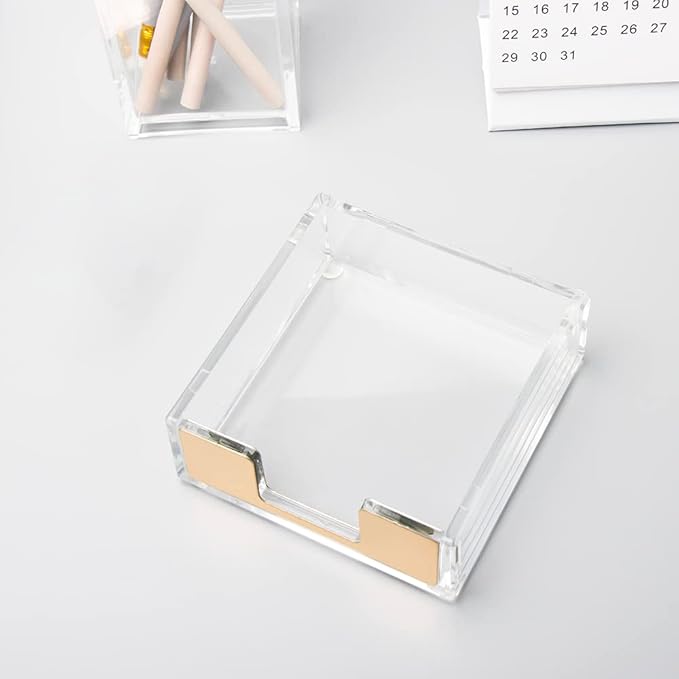 NatSumeBasics Gold Sticky Note Holder Clear Acrylic Post a Note Dispenser Cute Desk Organizer for Office Home School Aesthetic Accessories (Matt Gold)