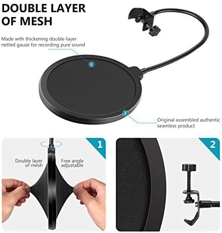 Neewer Professional Microphone Pop Filter Shield Compatible with Blue Yeti and Any Other Microphone, Dual Layered Wind Pop Screen With A Flexible 360 Degree Gooseneck Clip Stabilizing Arm