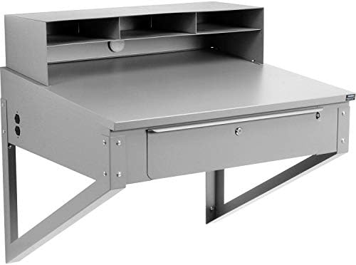 Global Industrial Wall Mount Shop Desk with Pigeonhole Riser, 34" W x 30" D, Steel Construction with Gray Powder Coat Finish, Standing Workstation, for Warehouses & Receiving