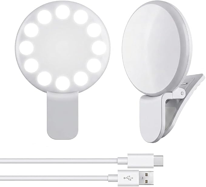 2Pcs Mini LED Ring Light for Phone, Rechargeable Clip On Selfie Light, Portable Adjustable Brightness LED Lighting for Video Recording, Compatible with iPhone, iPad, Laptop (White)
