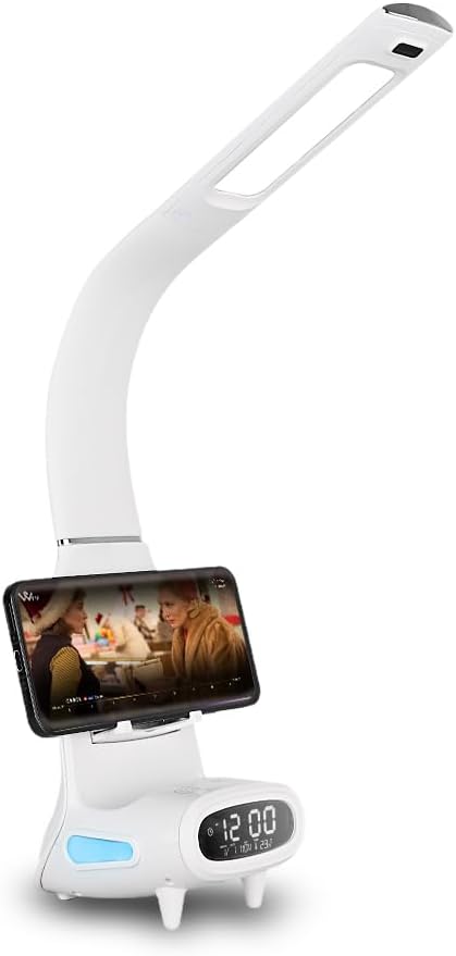 IHAO Multi Functional Smart Eye-Care Desk Lamp Wireless Charger & Digital Alarm Clock Gesture Control Adjustable Light 15W Fast Charging Hidden Phone Stand, Date Timer Display Wake-Up Light-TX79 White