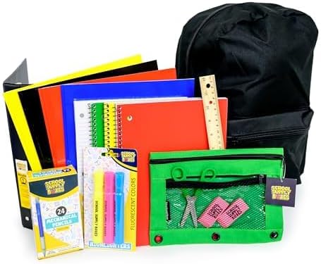 School Supply Boxes | 17" Solid Black Backpack Bundle for High School | Back to School Bookbag with Supplies | Pencil Pouch, Notebooks, Filler Paper, Folders, Mechanical Pencils & More
