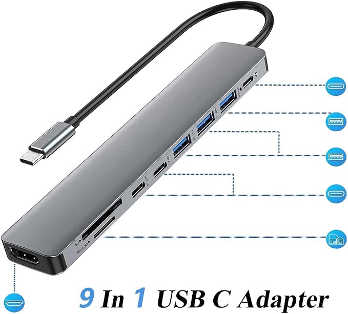9 in 1 USB C Hub, Multiport USB C Adapter with 4K HDMI, 100W PD Charging, USB 3.0 Port, SD/TF Card Reader, USB C Docking Station Compatible with MacBook, Laptop, Tablet and More