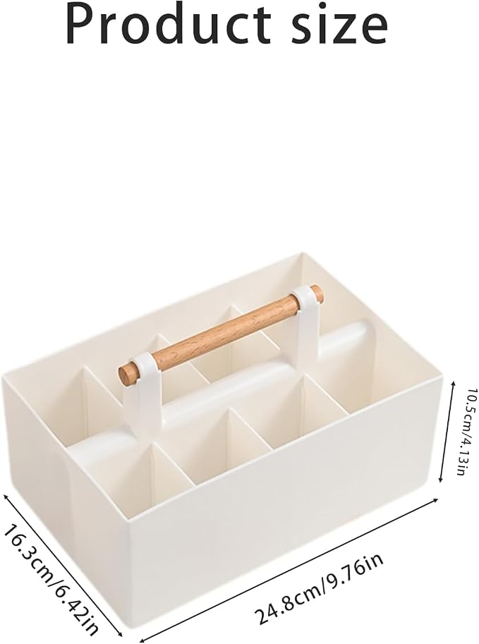 Buqoo Desk Organizer with 8 Compartments for Office Supplies | Plastic Makeup Organizer with Wooden Handle, Pen Holder for Desktop Storage, Desk Organization for Office Supplies (White)