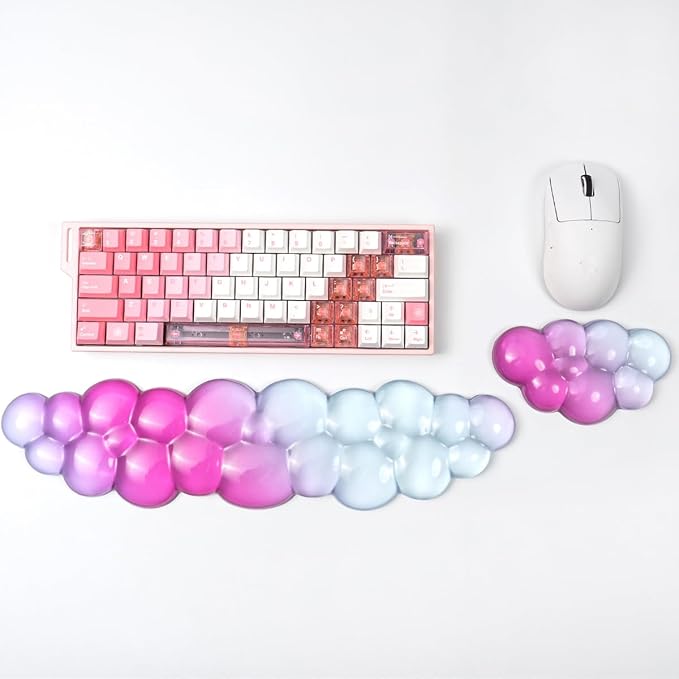 Ergonomic Cloud Silicone Gel Keyboard and Mouse Wrist Rest Set – Clear Wrist Rest for Keyboard 60%/68%/75%, Comfort & Support for Typing and Gaming (Pink Blue)