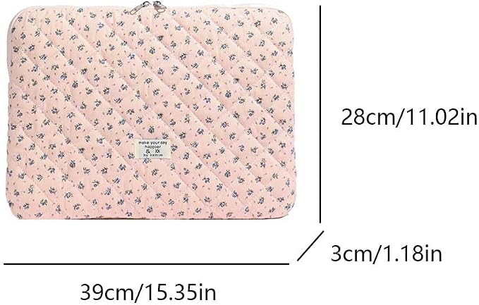 Cute Laptop Sleeve 13-15 inch Laptop Case Aesthetic Quilted Laptop Sleeve Computer Bag with Flower Printing for MacBook (A-Pink, 15inch)