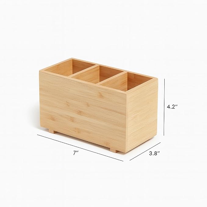 SKYREN Bamboo Desk Organizer – 7" x 3.5" x 4.2" Zen-Style Desktop Organizer for Office, Home & Study – Natural Wood Finish, Eco-Conscious Workspace Storage Solution