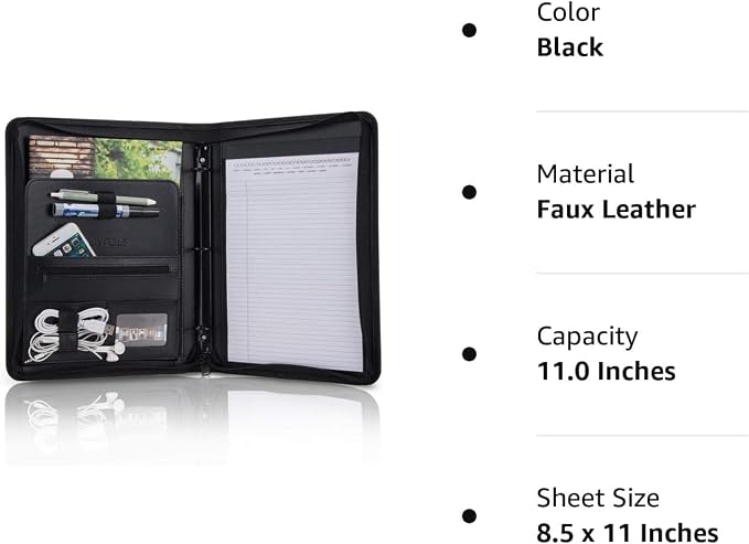 OOWOLF Portfolio Business Padfolio Folder with Zipper 3 Ring, Conference Meeting Executive File Legal Document Organizer with Pockets Letter Size 8.5 x 11 Inch Writing Pad Notepad Padfolio, Black