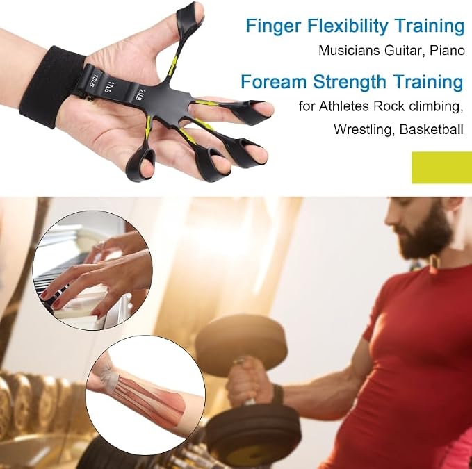 Grip Strength Trainer Kit (5 Pack) with Finger Exerciser, Hand Grip Strengthener, Hand Extension Exerciser, Stress Relief Ball and Forearm Workout Ring for Muscle Building and Injury Recover, Silicone