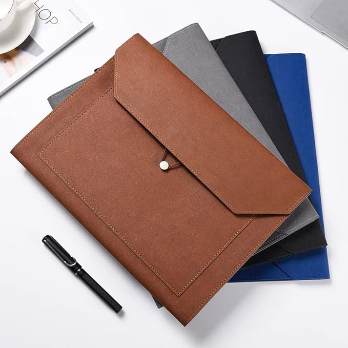 PU Leather A4 File Folder Document Holder 2 Pockets Portfolio Envelope Folder Case with Elastic String 3/4 Inch Expansion (Brown)