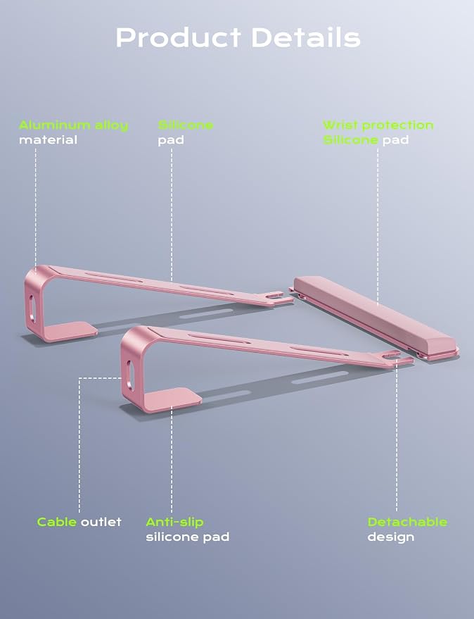 JCZT Aluminum Laptop Stand, Laptop Riser with Wrist Rest, Pink | Ergonomic Detachable Portable Laptop Stand for Desk, Notebook Holder Compatible with MacBook Air Pro, All 10-17'' Laptops