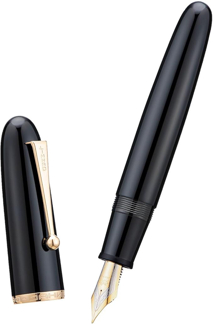 Jinhao 9019 Fountain Pen Dadao Series Black Acrylic Gold Trim #8 Medium Nib with Large Converter for Writing, Signature and Calligraphy