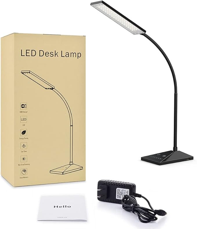Vansuny LED Desk Lamp with USB Charging Port, Eye-Caring, 5 Color Modes,6 Brightness Levels, Touch Control, Adjustable Neck, Memory Function for Dorm Office Work Bedroom (12W,Black)