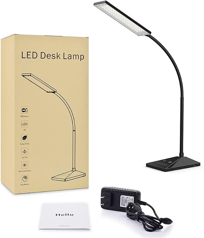 Vansuny LED Desk Lamp with USB Charging Port, Eye-Caring, 5 Color Modes,6 Brightness Levels, Touch Control, Adjustable Neck, Memory Function for Dorm Office Work Bedroom (12W,Black)