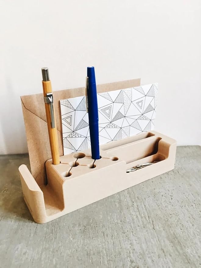Minimalist Beige Wooden Desk Organizer, Multi-Compartment Pen Holder & Stationery Caddy, Modern Desktop Storage for Office Home School, Natural Wood Finish