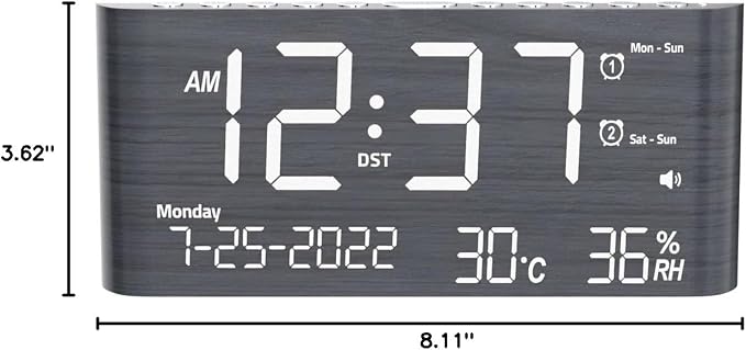 PPLEE 8.7-Inch Large Display Digital Alarm Clock, Dual Alarms & 2 USB | Day, Date, Temperature & Humidity Display, Adjustable Brightness, Snooze and Dual USB Charging for Bedroom and Heavy Sleepers