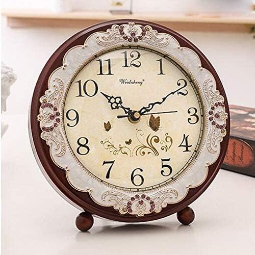 Vintage Table Clock, Retro Non-Ticking European Style Beside Desk Clock Battery Operated Silent Quartz Movement for Bedroom Living Room Indoor Decor (Brown)