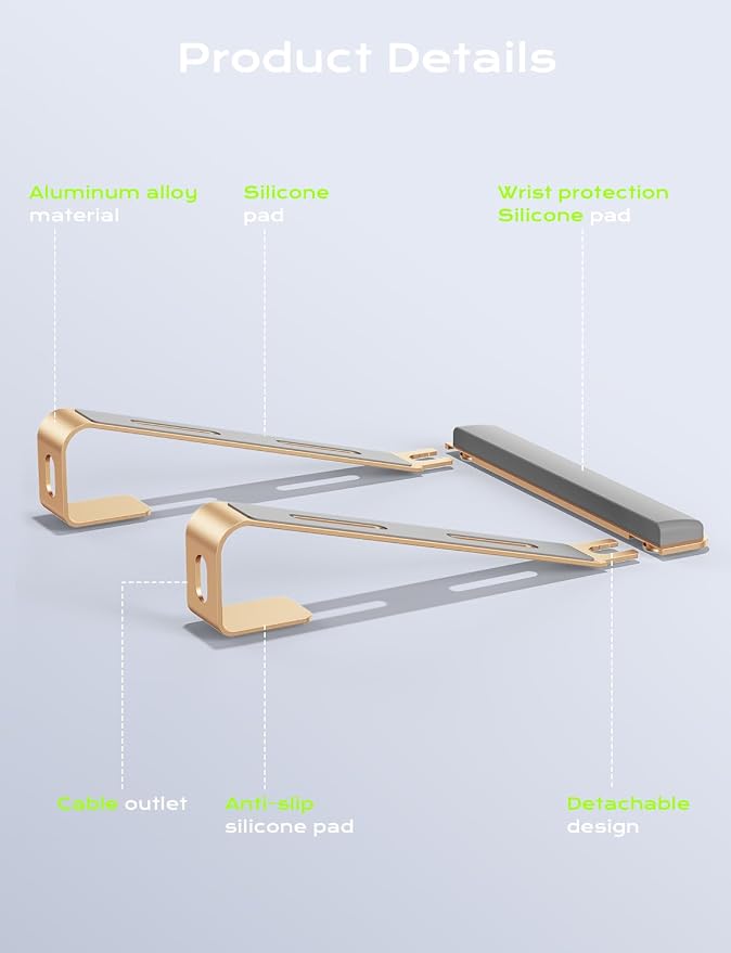 JCZT Aluminum Laptop Stand, Laptop Riser with Wrist Rest, Gold | Ergonomic Detachable Portable Laptop Stand for Desk, Notebook Holder Compatible with MacBook Air Pro, All 10-17'' Laptops