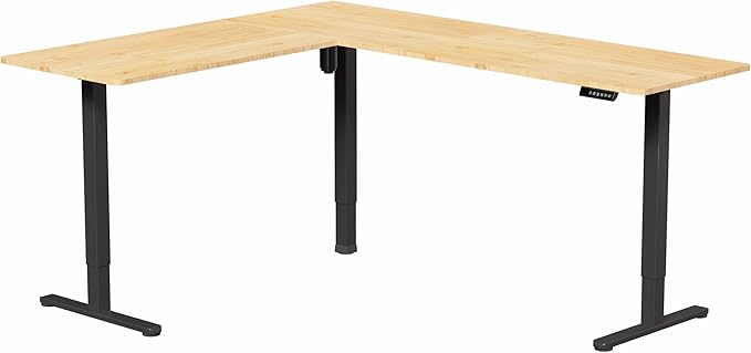 VIVO Corner Standing Desk, 75 x 63 inch Reversible L-Shaped Workstation, Electric Height Adjustment, Home, Office, and Reception Rooms, Real Bamboo Table Top Black Frame, DESK-E3CTBO-75