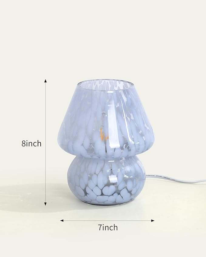 ONEWISH Mushroom Lamp Small Bedside Table Lamp-Nightstand Nightlight Dimmable Stepless, Translucent Glass Desk Lamp for Bedroom Dorm Living Kitchen, Murano Style Aesthetic Cute Home Decor(Blue)
