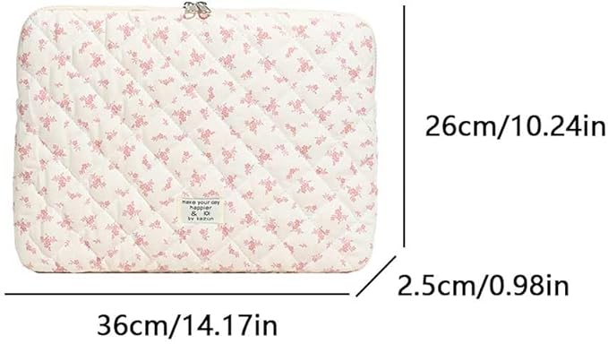 Cute Laptop Sleeve 13-15 inch Laptop Case Aesthetic Quilted Laptop Sleeve Computer Bag with Flower Printing for MacBook (Pink, 13inch)
