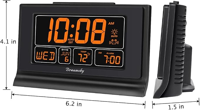 DreamSky Alarm Clocks for Bedrooms with Battery Backup, Auto Set | Digital Clock with Date & Day of Week, 5 Inch Large Display, Weekday, Temperature, USB Port, Auto DST, Brightness Dimmer