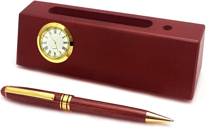 Personalized Solid Rosewood Business Card Holder with Clock and Ballpoint Pen for Bakers