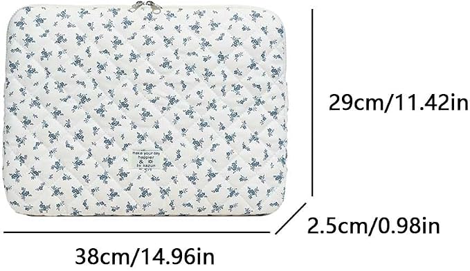 Cute Laptop Sleeve 13-15 inch Laptop Case Aesthetic Quilted Laptop Sleeve Computer Bag with Flower Printing for MacBook (Blue, 15inch)
