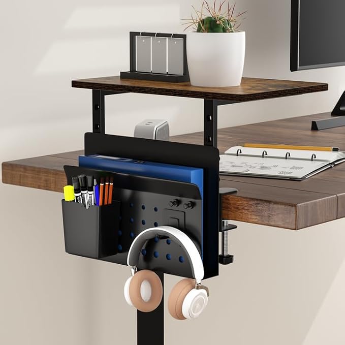 Desk Extender, Clamp On Desk Shelf Organizer, with Side Storage Steel Frame & 15 inch Wood Desktop Supplies Rack Clamp Mount Table Hanging Storage for Home Office Fits Flat Edge Tables 0.3" to 2.3"