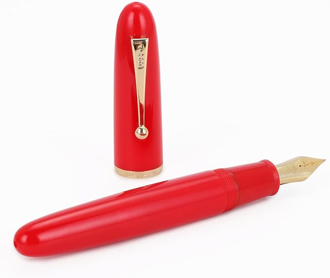 Jinhao 9019 Fountain Pen Dadao Series Heartbeat Nib, #8 Medium Point Red Acrylic Gold Trim with Large Converter
