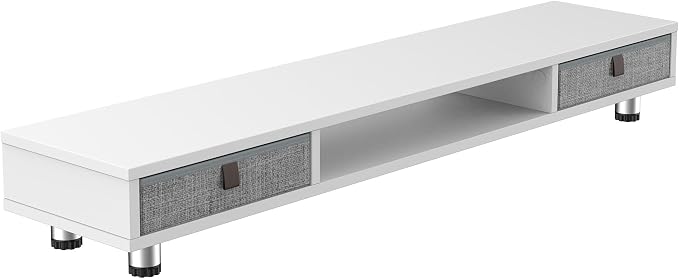Fenge Dual Monitor Stand, 2-Tier Desk Organizer with Drawers, 42.5in, White | Storage Fabric Drawer, Ergonomic Height Adjustable, Desk Shelf for Top of Desk, Laptop, PC, TV, Home Office Organization