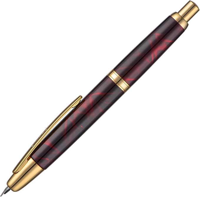 Jinhao 10 Press Fountain Pen with Box, Marble Red Retractable Extra Fine Nib with Ink Converter Set (Golden Clip)