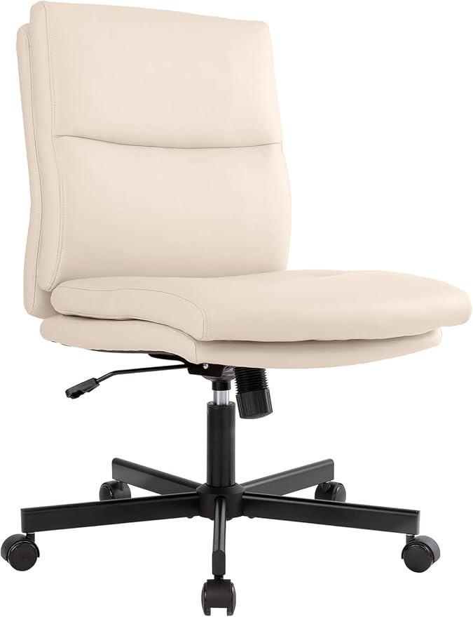 LUCKWIND Armless Office Desk Chair with Wheels, Mid-Back Criss Cross Swivel Task Chair, Height Adjustable Cushioned Vanity Chair, Double Padded PU Leather Chair for Home, Office & Bedroom, Beige White