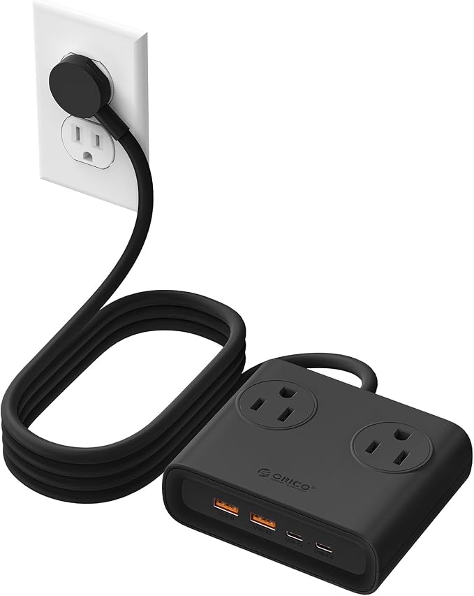 ORICO Power Brick, 25W GaN Power Strip, 8 in 1 Extension Cord with 4 AC Outlets and 2 USB-A and 2 USB-C Ports, 5ft Flat Plug Black Outlet Extender for Home/Dorm/Travel ETL Listed-PDC (1 PC)