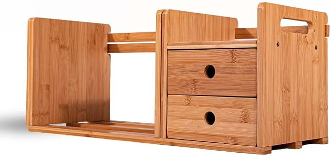 Desktop Bookshelf Expandable with Two Drawer Organizers Made of Bamboo, Collapsible Design & Compartments for Efficient, Clutter-Free Workspace Organization - Sleek Bookshelf