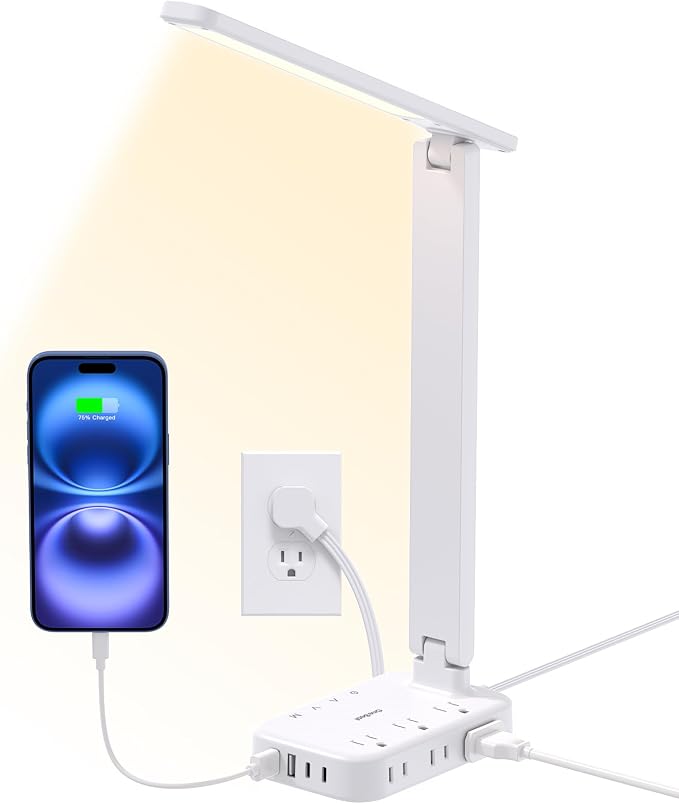 One Beat Desk Lamp with 6 AC Outlets & 4 USB Ports (2 USB-C), Touch Control LED Lamp, 4 Color Modes 5 Brightness Levels,Eye-Caring Reading Lamp,5ft Cord,Home Office College Dorm Room Essentials