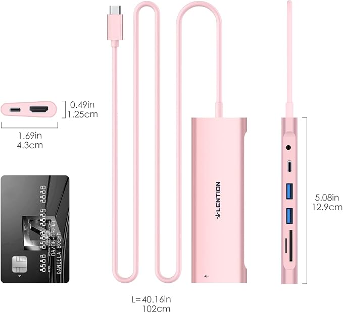 LENTION 3.3FT Long Cable USB C Hub with 4K HDMI, 100W PD, USB 3.0 A&C Data, Card Reader&LED Indicator for MacBook Pro/Air, Dell XPS, HP, Chromebook, Stable Driver Adapter (C37-1M, Rose Gold)