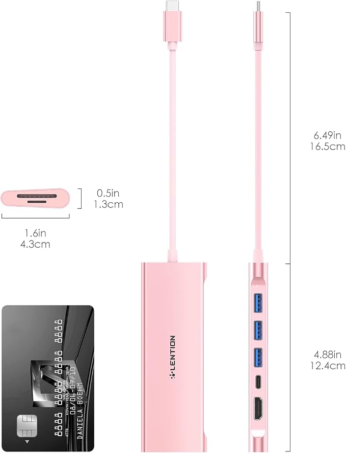 LENTION 7-in-1 USB C Multiport Hub with 4K HDMI, 100W PD, 3 USB 3.0 Ports, SD/MicroSD Card Reader Compatible MacBook Pro/Air/Neo 2016-2026 Type C Devices Stable Driver Adapter (CB-C36B, Rose Gold)