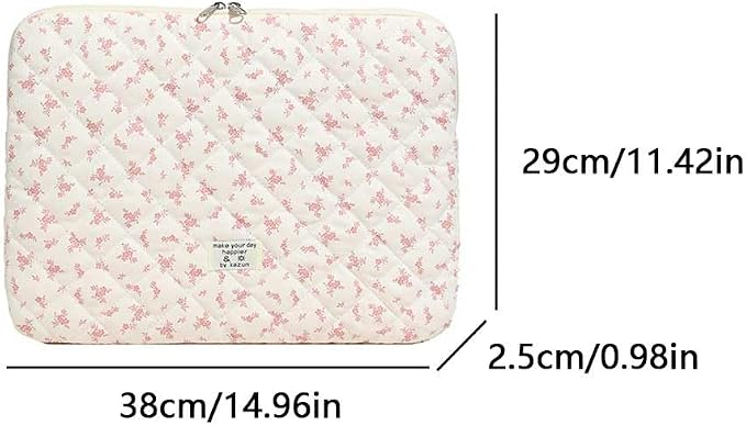 Cute Laptop Sleeve 13-15 inch Laptop Case Aesthetic Quilted Laptop Sleeve Computer Bag with Flower Printing for MacBook (Pink, 15inch)