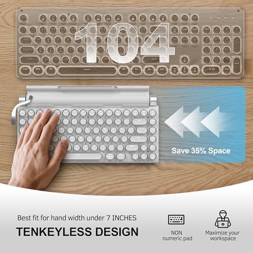 Retro Typewriter Wireless Mechanical Gaming Keyboard, Bluetooth 5.0 Office Computer Vintage Keyboards 83-Key Blue Switches Punk Round Keycap, LED Backlight, White