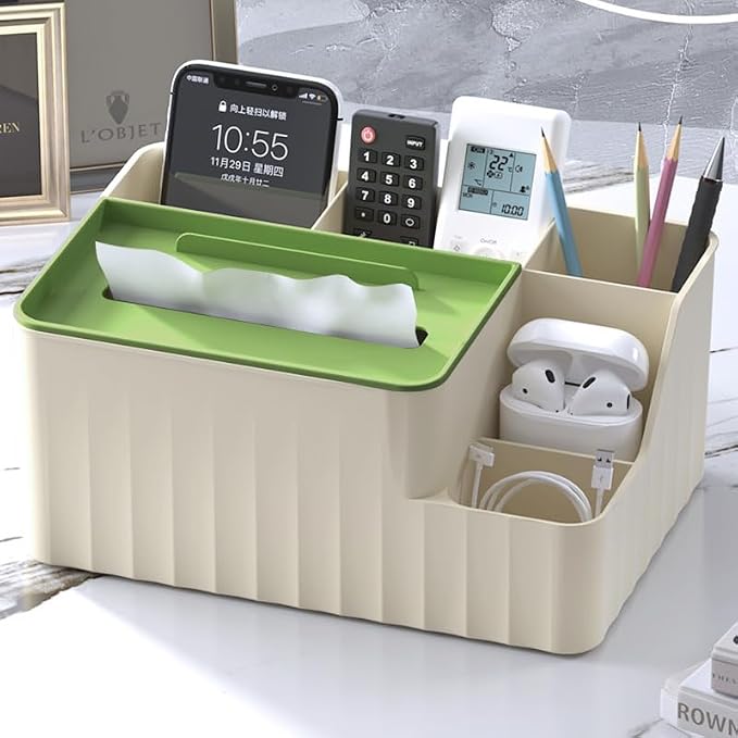 Modern Desktop Tissue Box Organizer with Phone Stand, Pencil Holder, White, Multi-Compartment Storage for Office, Makeup, Stationery (Green)