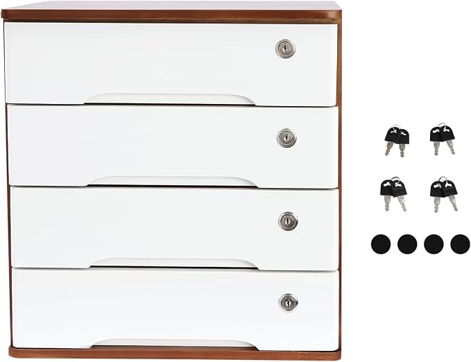 4-Tier Desktop Storage Box with Lockable Drawer, Wooden Desk Organizer for Office Supplies, Flat File Cabinet, Minimalist Design for Home & Office Use(Walnut+White)