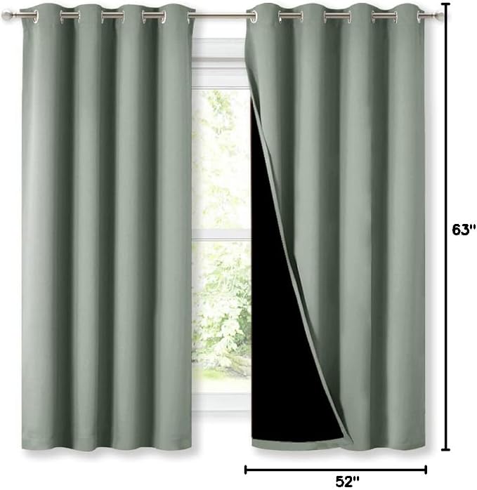 NICETOWN Greyish Green 100% Blackout Lined Curtains, 2 Thick Layers Completely Blackout Window Treatment Thermal Insulated Drapes for Kitchen/Bedroom (1 Pair, 52" Width x 63" Length Each Panel)