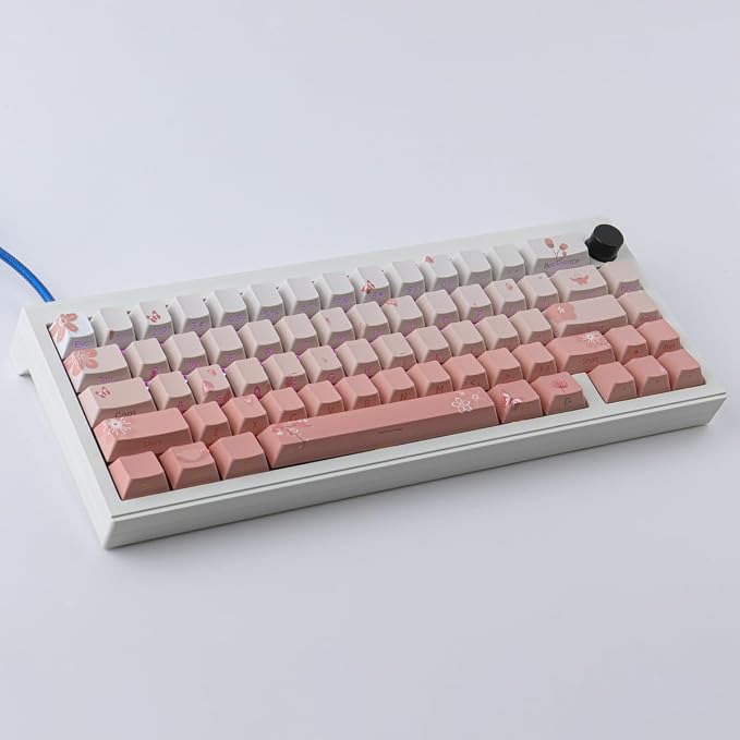 Tsungup PBT Keycaps Cherry Blossom Keycap Set - Custom Pink Sakura Keycaps | 135 Keys Gradient DoubleShot Side Print Key caps Cherry Profile Keyboard Key caps for Mechanical Keyboards