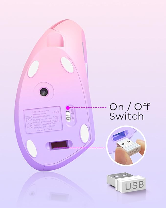 Lekvey Ergonomic Mouse, Vertical Wireless Mouse Rechargeable 2.4 GHz Optical Carpal Tunnel Mouse : 800/1200/1600 DPI, 6 Buttons, for Laptop, PC, Mac, Computer, Desktop, Notebook etc, Pink to Purple
