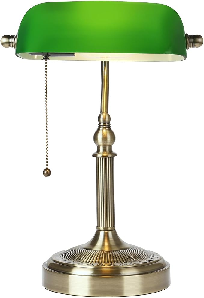 Green Glass Bankers Desk Lamp with Pull Chain Switch Plug in Fixture for Home Office