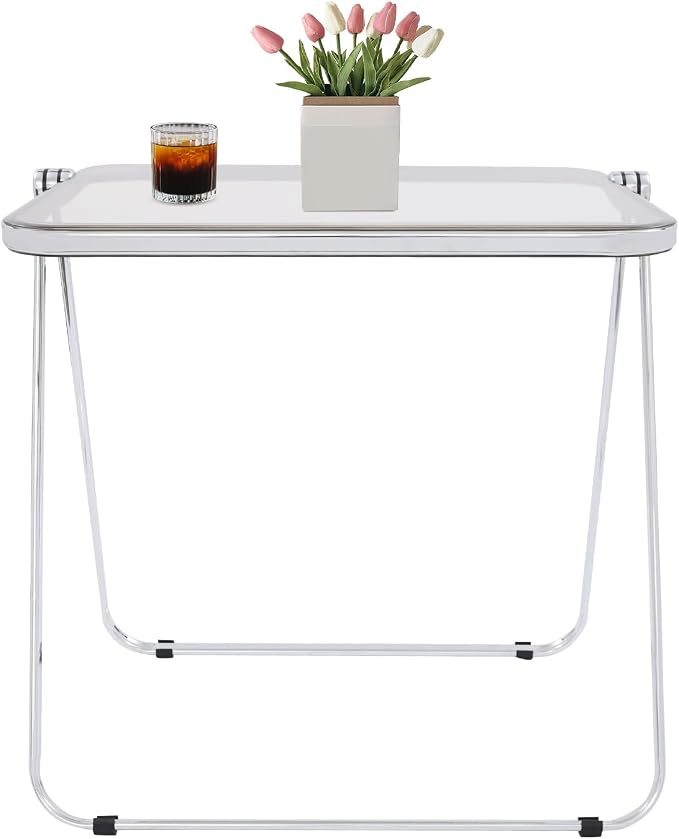 Acrylic Folding TV Tray Table, Small Portable Square Laptop Desk, End Side Table Modern Square Table for Home Office, No Assembly Space-Saving Side Table with Metal Frame (Grey)