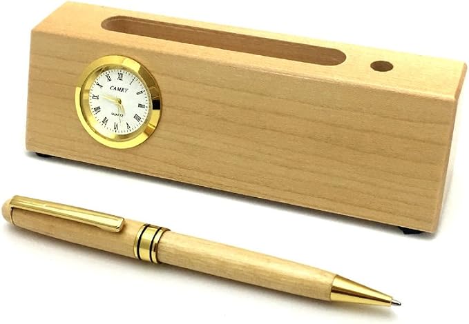 Personalized Solid Maple Wood Business Card Holder with Clock and Pen for Men