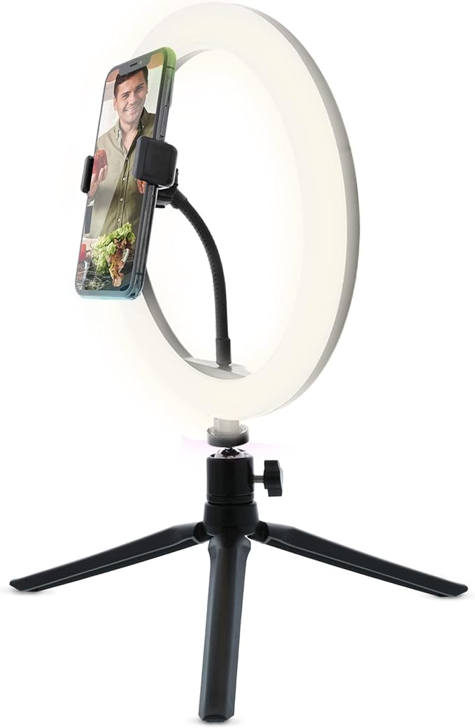 Monster 10” Multicolor LED Ring Light Smartphone Mount with Folding Tripod Stand, Multiple Brightness/Color/White Settings, Flexible Gooseneck, Ideal for Videos/Live Streaming, USB-Powered